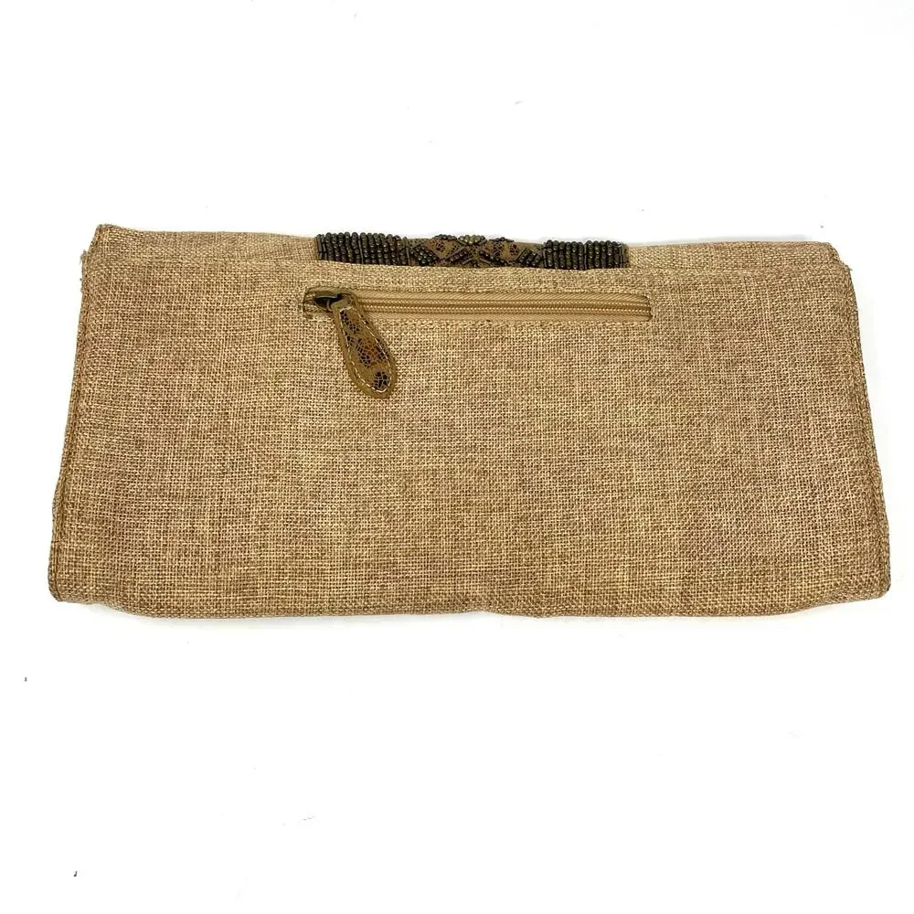 Chico’s Burlap Envelope Clutch Handbag With Beaded Front Detail Boho Preowned